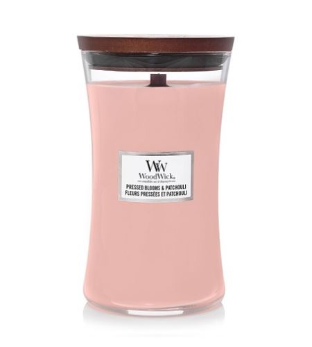 WoodWick Pressed Blooms & Patchouli lumânare parfumată cu fitil de lemn 609,5 g