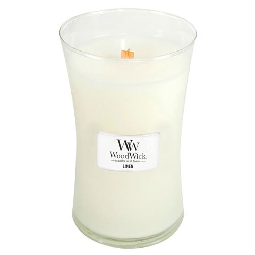 WoodWick Linen lumânare parfumată cu fitil de lemn 609,5 g