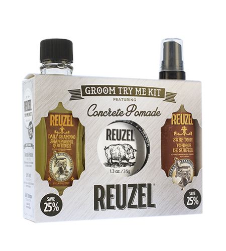 REUZEL Concrete Try Me Kit set cadou Daily Shampoo 100 ml + Concrete Hold Matte Pomade 35g + Surf Tonic 100 ml