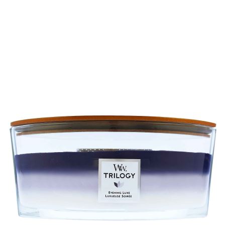 WoodWick Trilogy Evening Luxe lumânare parfumată cu fitil de lemn 453,6 g