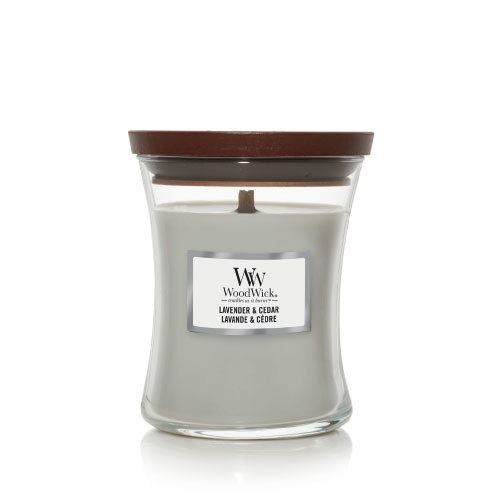 WoodWick Lavender & Cedar lumânare parfumată cu fitil de lemn 275 g