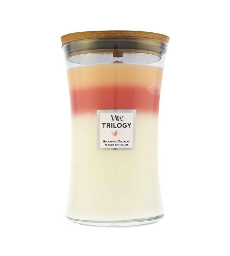 WoodWick Trilogy Blooming Orchard lumânare parfumată cu fitil de lemn 609 g