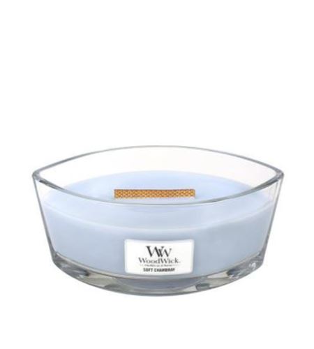 WoodWick Soft Chambray lumânare parfumată cu fitil de lemn 453,6 g