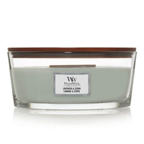 WoodWick Lavender & Cedar lumânare parfumată cu fitil de lemn 453,6 g