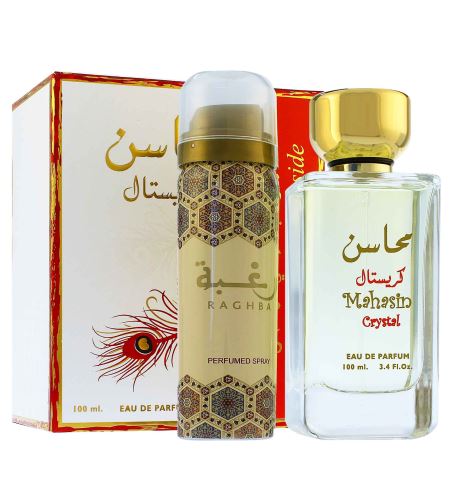 Lattafa Mahasin Crystal set cadou pentru femei apă de parfum 100 ml + deospray 50 ml